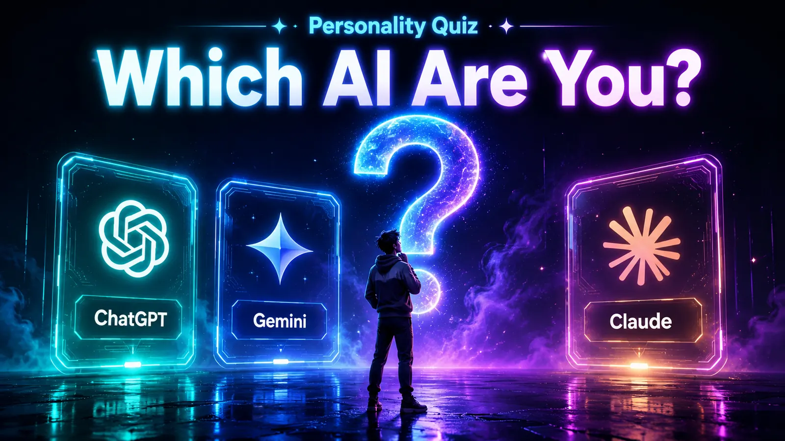 Three neon doorways labelled ChatGPT, Gemini and Claude in a dark hall, a figure standing between them under a glowing question mark