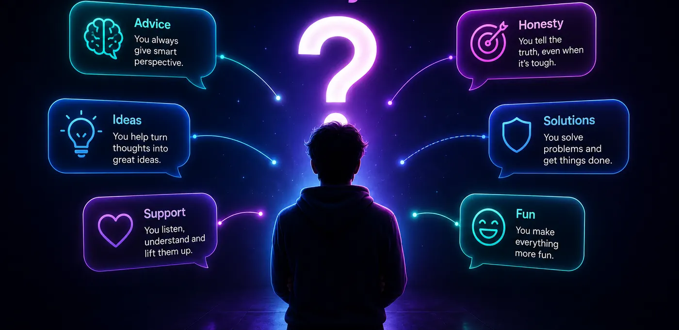 Neon speech bubbles ringed around a figure: advice, ideas, support, honesty, solutions, fun