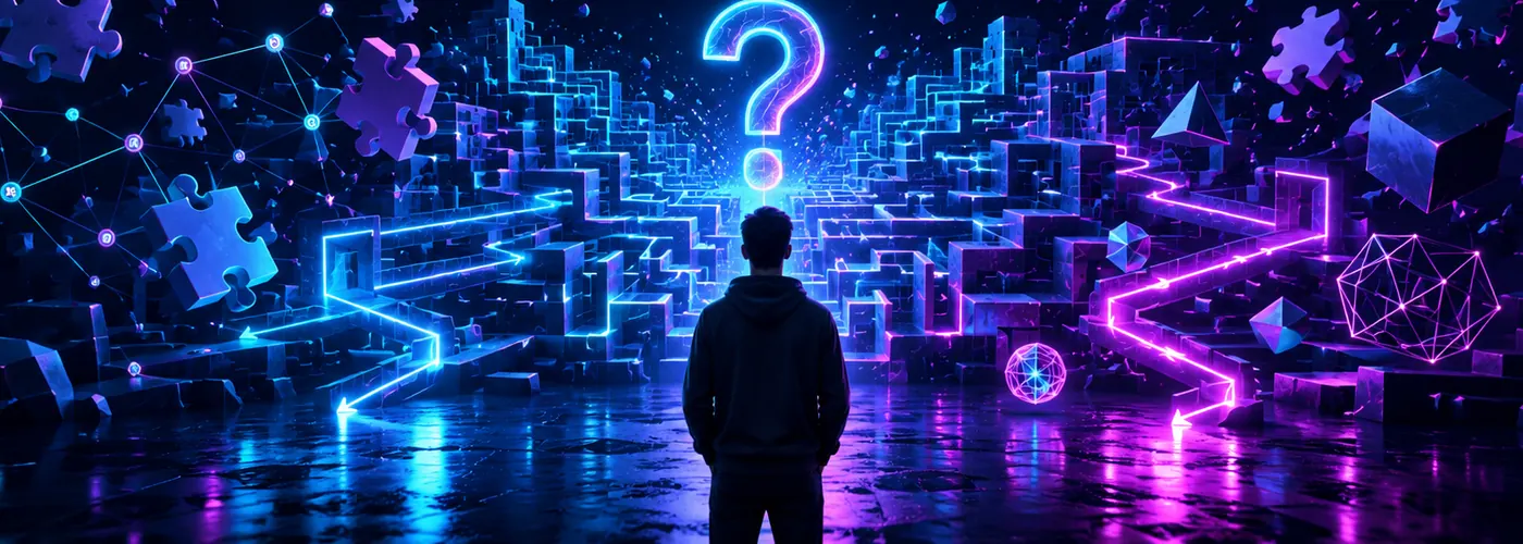 A figure at the mouth of a glowing maze, puzzle pieces and circuit paths breaking apart around it