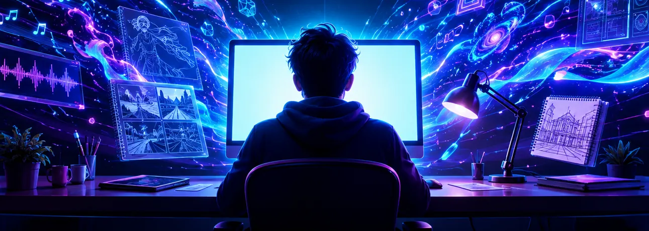 Someone alone at a desk in the dark, screens and instruments fanned out around them