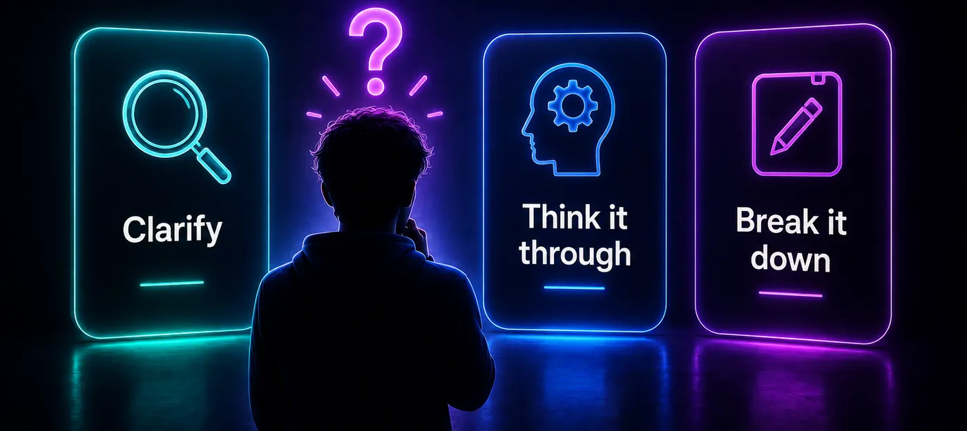 Three glowing cards in front of a figure: a magnifier, a head with a gear turning inside it, and a pencil