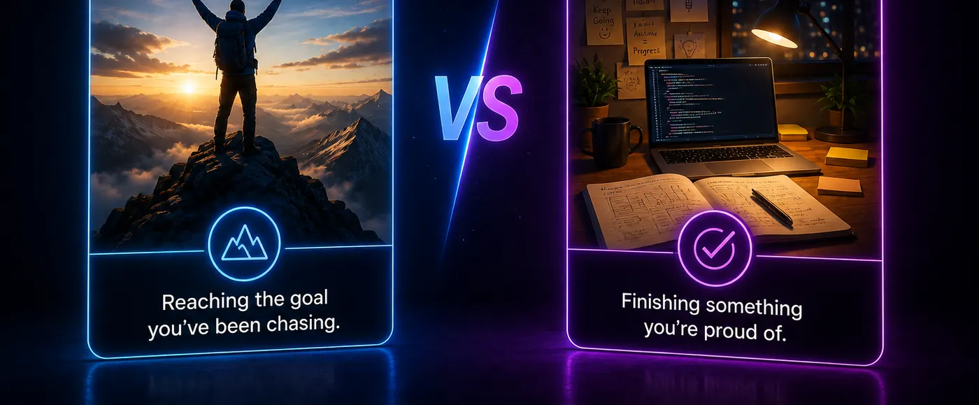 Two lit panels facing each other across a VS mark — a figure on a summit, and a finished desk at night