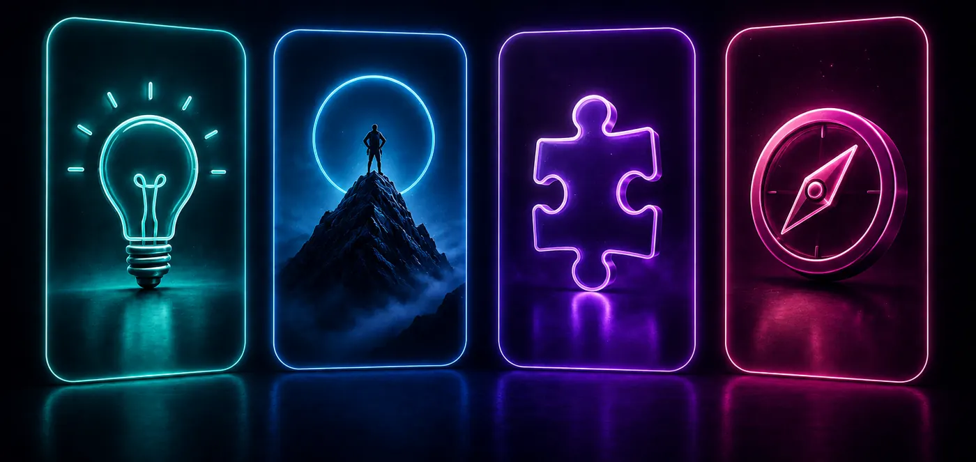 Four neon cards in a row: a lightbulb, a mountain, a puzzle piece and a compass