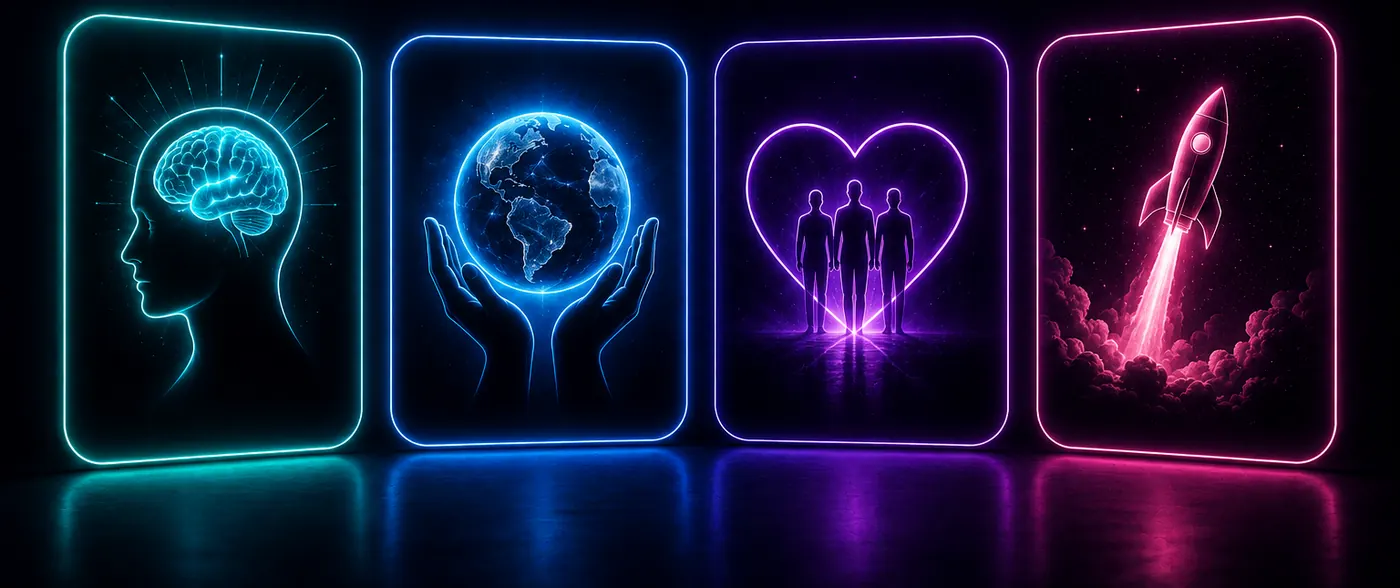 Four neon cards in a row: a head, hands holding a world, figures side by side, and a rocket